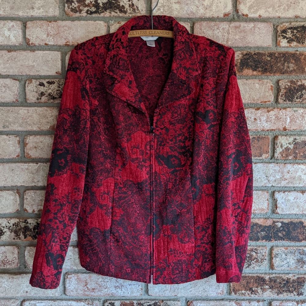 🍷Vintage Burgundy Red & Black Patterned Heavy Zipper Upholstery Blazer Jacket L